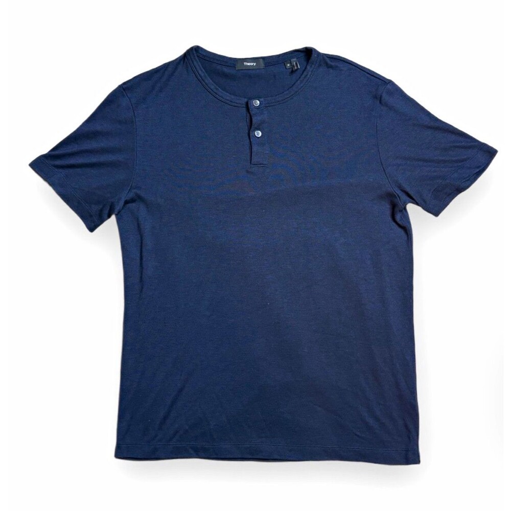 Theory Gaskell H Anemone Short Sleeve Henley Shirt Navy Blue Size M